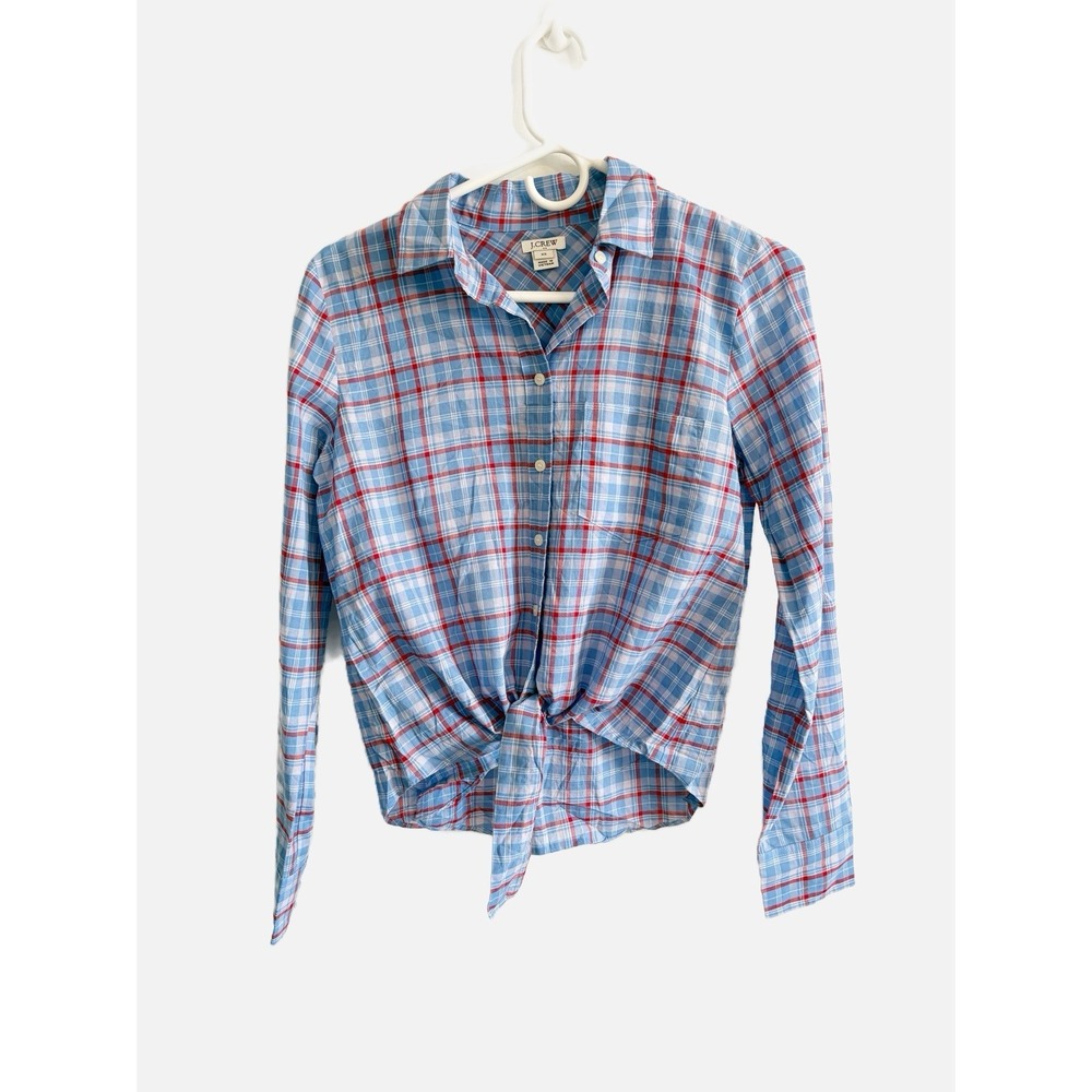 J.Crew Factory Lightweight Blue Plaid Tie Front Top Cotton Size XS